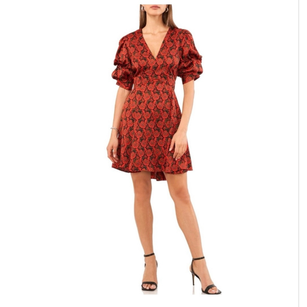 1 State Blooms Print Puff Sleeve V-Neck Fit & Flare Dress Wine Red L